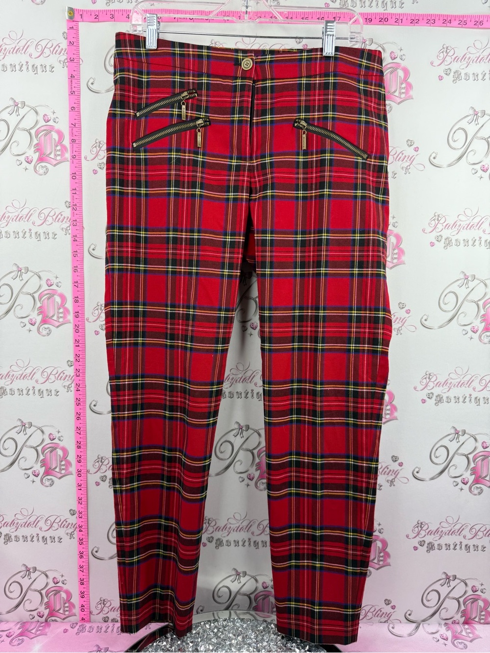 BIANCA NYGARD pants Red Plaid Straight-Leg Pants with Zipper Pocket Detail
